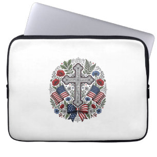 Patriotic Cross Floral Flag Vintage Laptop Sleeve