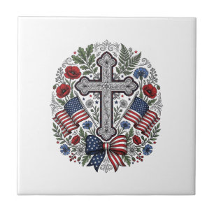 Patriotic Cross Floral Flag Vintage Tile