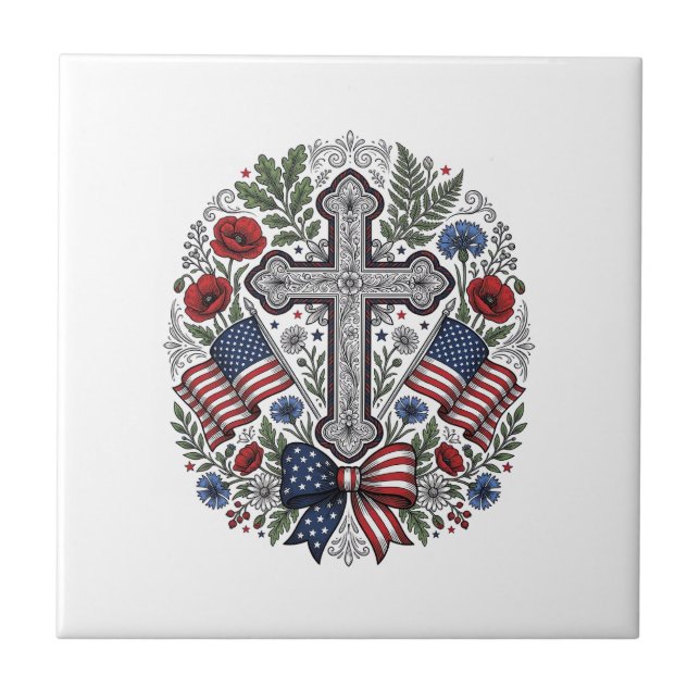Patriotic Cross Floral Flag Vintage Tile (Front)