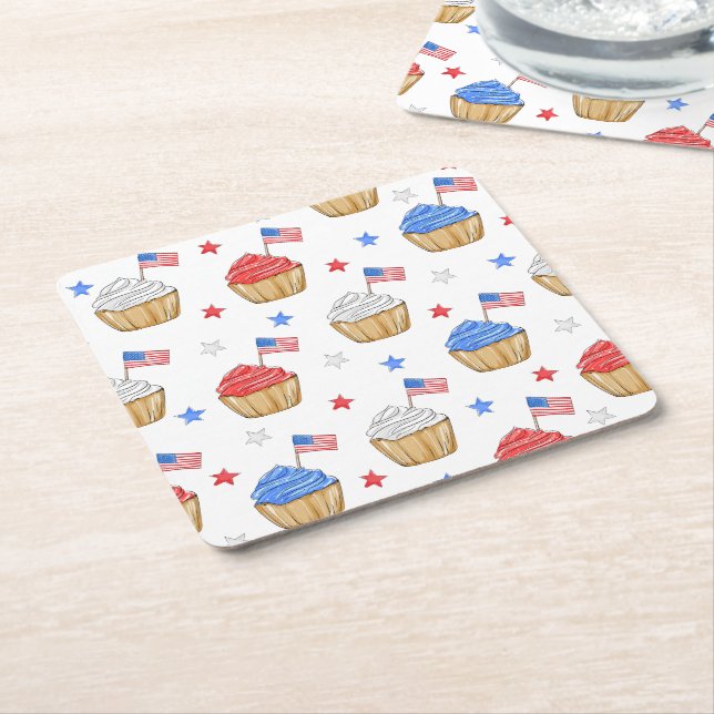 Patriotic Cupcake American Flag Stars Square Paper Coaster (Angled)