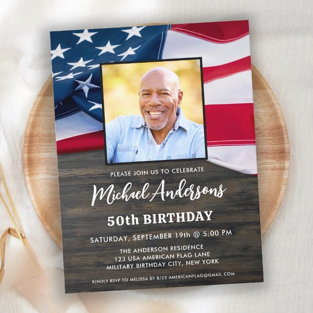 Patriotic Custom Photo US American Flag Birthday Invitation Postcard (Creator Uploaded)