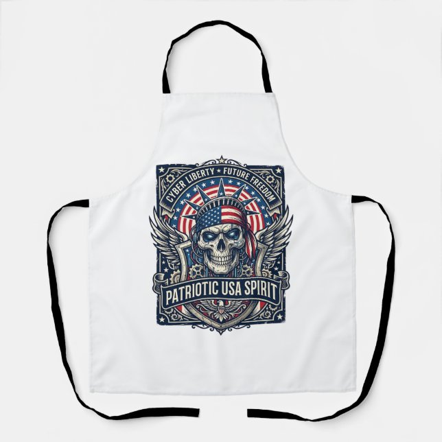 Patriotic Cyber Liberty Skull Cyberpunk Future Fre Apron (Front)