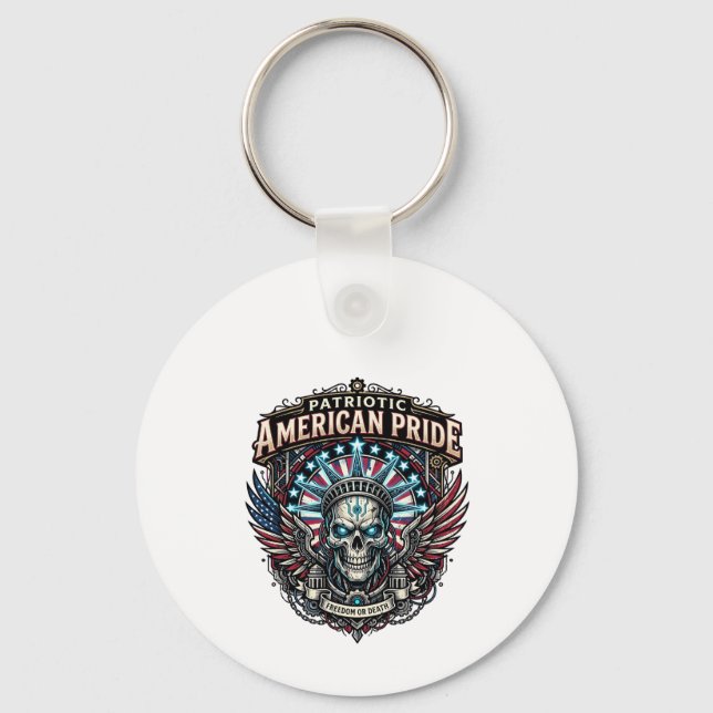 Patriotic Cyber Liberty Skull Cyberpunk Future Fre Keychain (Front)