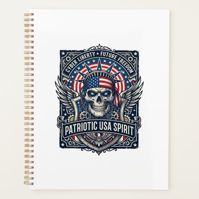 Patriotic Cyber Liberty Skull Cyberpunk Future Fre Planner (Front)