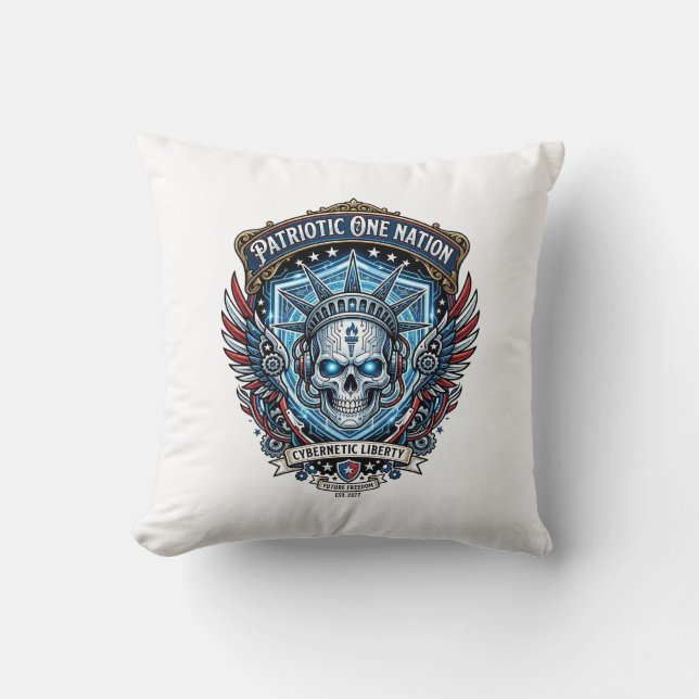 Patriotic Cyber Liberty Skull Cyberpunk Future Fre Throw Pillow (Front)