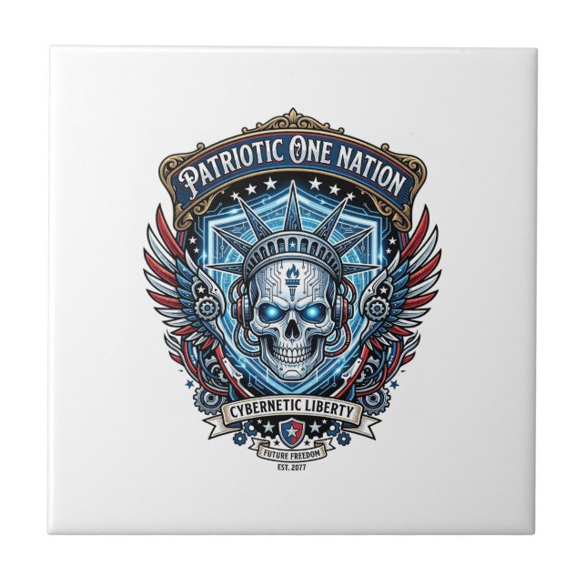 Patriotic Cyber Liberty Skull Cyberpunk Future Fre Tile (Front)