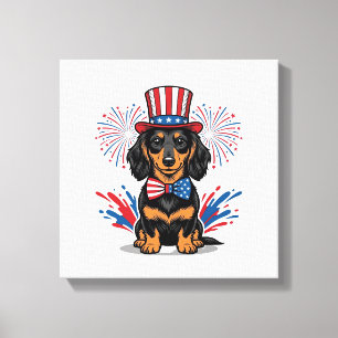 Patriotic Dachshund Fireworks Vintage Vector Art_1 Canvas Print