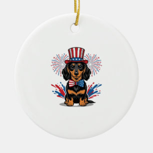 Patriotic Dachshund Fireworks Vintage Vector Art_1 Ceramic Ornament
