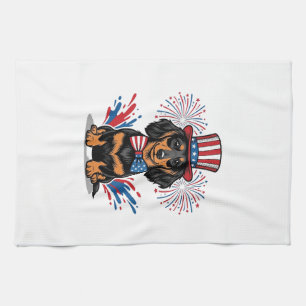 Patriotic Dachshund Fireworks Vintage Vector Art_1 Kitchen Towel