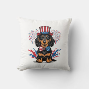 Patriotic Dachshund Fireworks Vintage Vector Art_1 Throw Pillow