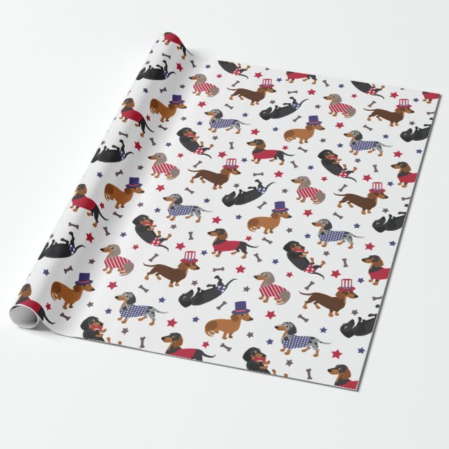 Patriotic Dachshund Wrapping Paper (Unrolled)