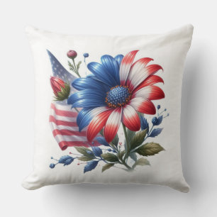 Patriotic Daisies and American Flag Throw Pillow