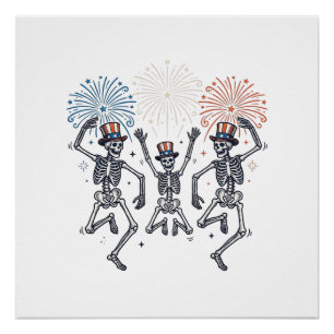 Patriotic Dancing Skeleton Fireworks Vintage Shirt Poster