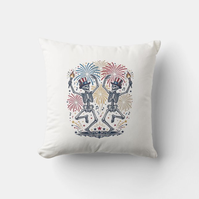 Patriotic Dancing Skeletons Fireworks 4th of July  Throw Pillow (Front)