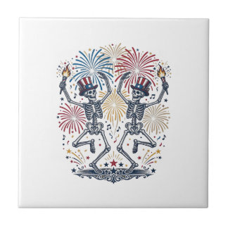 Patriotic Dancing Skeletons Fireworks 4th of July  Tile