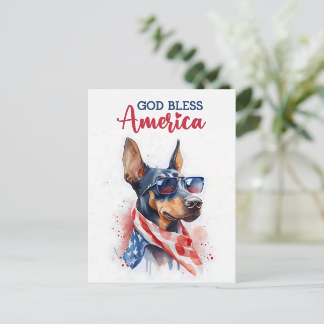 Patriotic Doberman, God Bless America Postcard (Standing Front)