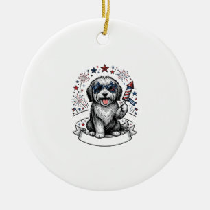 Patriotic Dog Fireworks Vintage Vector Shirt_1 Ceramic Ornament