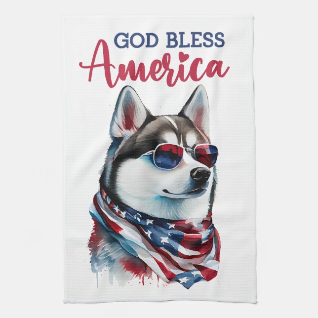 Patriotic Dog-Husky Kitchen Towel (Vertical)