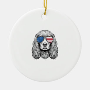 Patriotic Dog with Flag Sunglasses Vintage Vector_ Ceramic Ornament