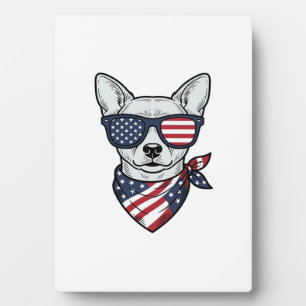 Patriotic Dog with Flag Sunglasses Vintage Vector Plaque
