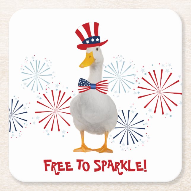 Patriotic Duck Free to Sparkle Square Paper Coaster (Front)