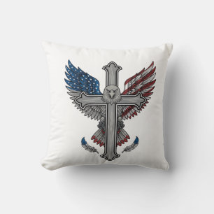 Patriotic Eagle Cross Vintage Engraving Vector Des Throw Pillow