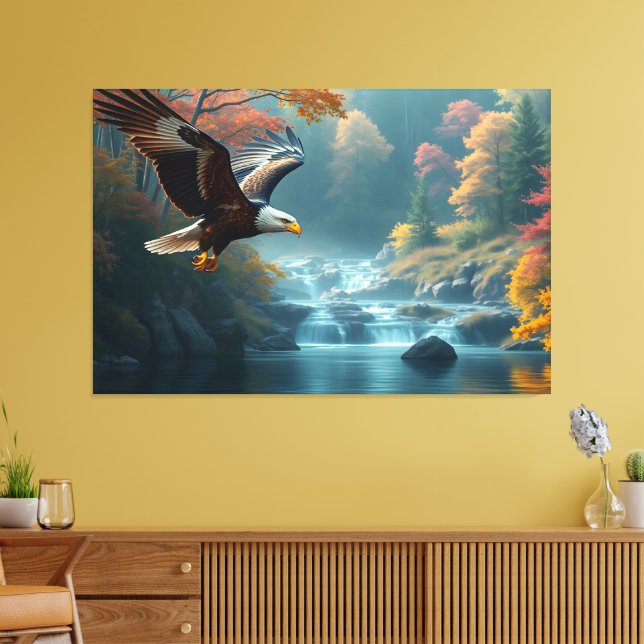 Patriotic Eagle Flying Over Waterfalls In Autumn Canvas Print (Insitu(LivingRoom))