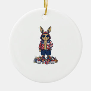 Patriotic Easter Bunny Vintage Vector Shirt_1 Ceramic Ornament