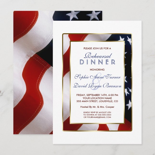 Patriotic, Elegant USA Flag Gold Rehearsal Dinner Invitation (Front/Back)
