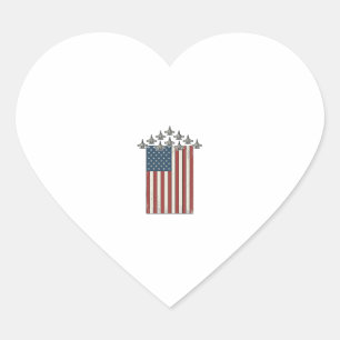 Patriotic Fighter Jet Flag Vintage Engraving Desig Heart Sticker