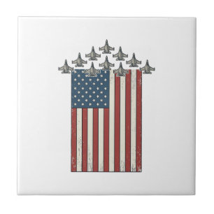 Patriotic Fighter Jet Flag Vintage Engraving Desig Tile