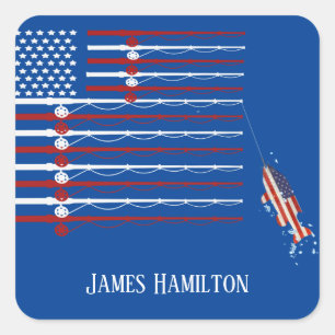 Patriotic fish on flag fishing rods square sticker