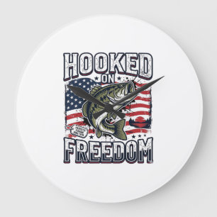 Patriotic Fishing Hooked On Freedom Vintage Bass Large Clock