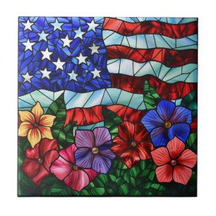 Patriotic Flag and Flowers Ceramic Tile