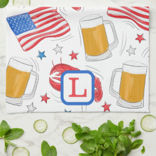 Patriotic Flag Beer Lobster Stars Monogram Kitchen Towel