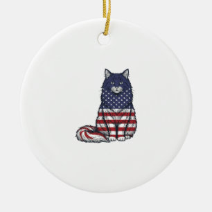 Patriotic Flag Cat Vintage Engraving Shirt Design_ Ceramic Ornament