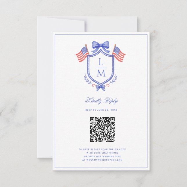 Patriotic Flag Crest | Monogram Wedding | QR RSVP (Devant)