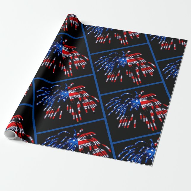 Patriotic Flag Fireworks Wrapping Paper (Unrolled)