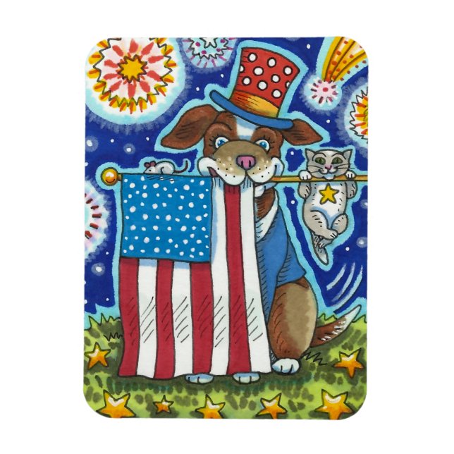 PATRIOTIC FLAG PET DOG CAT MOUSE, CUTE FUNNY MAGNET (Vertical)