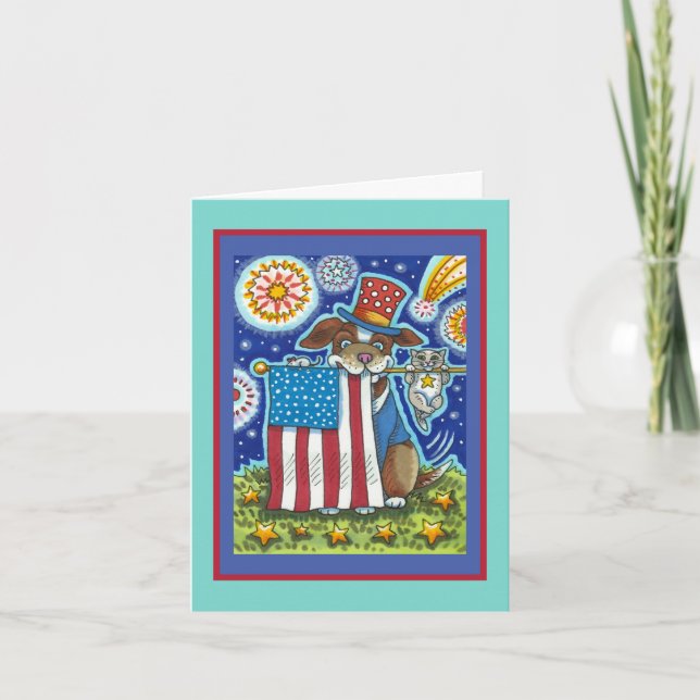 PATRIOTIC FLAG PET DOG CAT MOUSE, FUNNY CUTE Blank Holiday Card (Front)