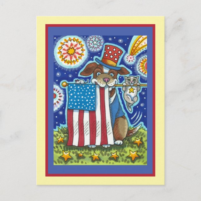 PATRIOTIC FLAG PET DOG CAT MOUSE, FUNNY CUTE HOLIDAY POSTCARD (Front)