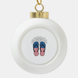 Patriotic Flip Flops Fireworks Summer Shirt Design Ceramic Ball Christmas Ornament