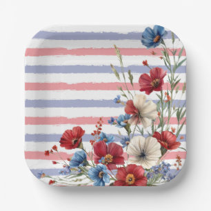 Patriotic Floral and Stripes Party Paper Plates