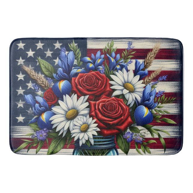 Patriotic, floral distressed American Bath Mat (Front)