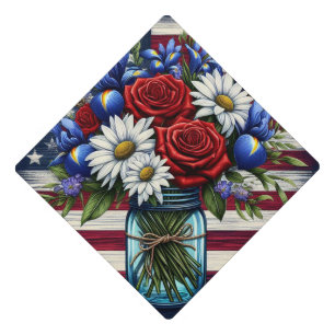 Patriotic, floral distressed American Graduation Cap Topper