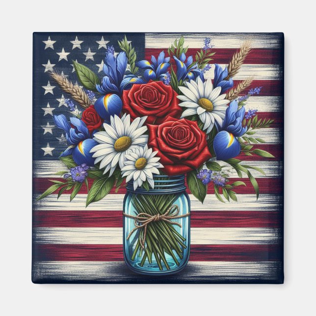Patriotic, floral distressed American Magnet (Front)