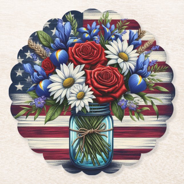 Patriotic, floral distressed American Paper Coaster (Front)