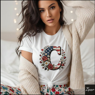 Patriotic Floral Letter C Wreath Design T-Shirt