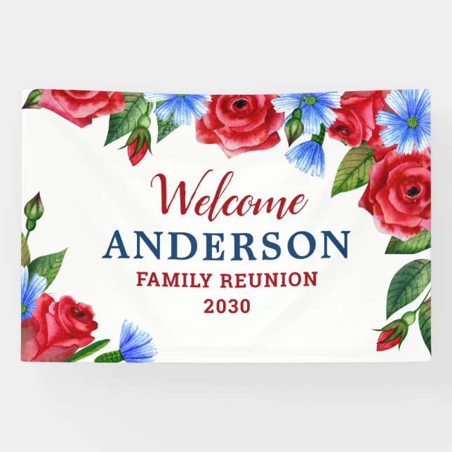 Patriotic Floral Personalized Red White Blue Party Banner (Horizontal)