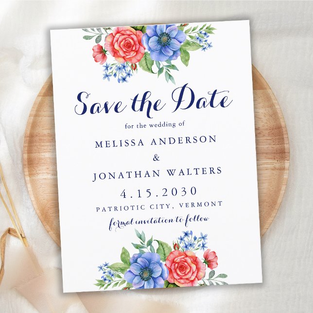 Patriotic Floral Red Blue Wedding Save The Date Postcard (Creator Uploaded)